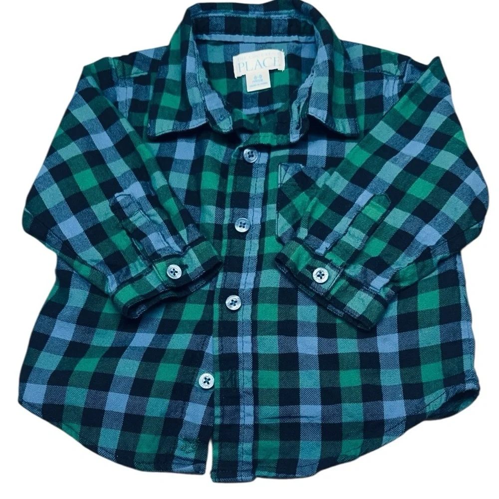 Cozy flannel button-up shirt from The Children’s Place, size 6–9 months.